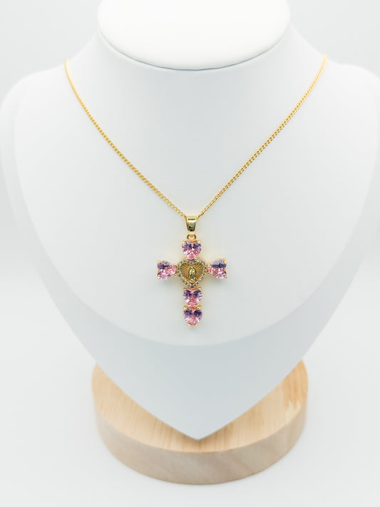 Guadalupe pink Heart Cross Necklace